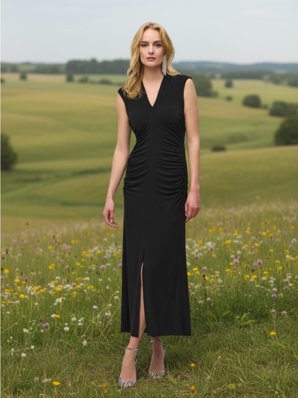 Joseph Ribkoff black maxi sheath ruched v-neck dress-Size 20